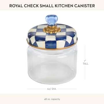 MACKENZIE-CHILDS Royal Check Kitchen Canister, Decorative Blue-and-White Glass Storage Jar with Lid, Small