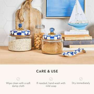 MACKENZIE-CHILDS Royal Check Kitchen Canister, Decorative Blue-and-White Glass Storage Jar with Lid, Small