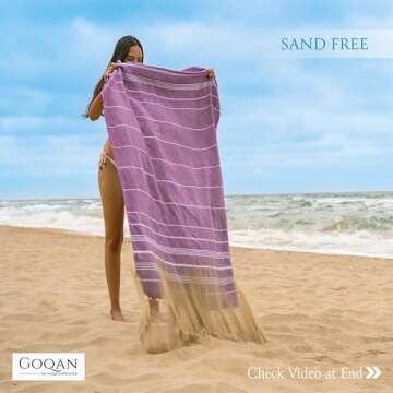 GOQAN Turkish Beach Towel Oversized 39x71 | Thin, Lightweight, 100% Cotton and Sand Free Towel is Suitable for Beach, Bathroom, Pool, Travel & Swim | Odor Free Thx to Quick Dry Property - Dark Lilac