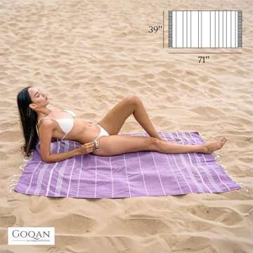 GOQAN Turkish Beach Towel Oversized 39x71 | Thin, Lightweight, 100% Cotton and Sand Free Towel is Suitable for Beach, Bathroom, Pool, Travel & Swim | Odor Free Thx to Quick Dry Property - Dark Lilac