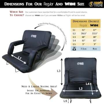 BRAWNTIDE Wide Stadium Chair for Bleachers - Stadium Seat with Back Support, Comfy Thick Cushion, 2 Bleacher Hooks, 4 Pockets, Ideal for Sport Events, Concerts, Parks (Black, Wide Size)