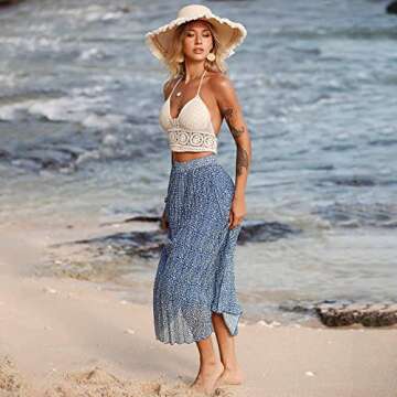 EXLURA Women's Floral Printed Chiffon Elastic High Waist Pleated Long Maxi Skirt