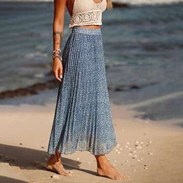 EXLURA Women's Floral Printed Chiffon Elastic High Waist Pleated Long Maxi Skirt