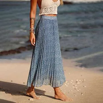 EXLURA Women's Floral Printed Chiffon Elastic High Waist Pleated Long Maxi Skirt