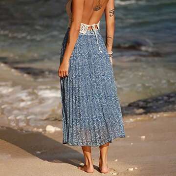 EXLURA Women's Floral Printed Chiffon Elastic High Waist Pleated Long Maxi Skirt