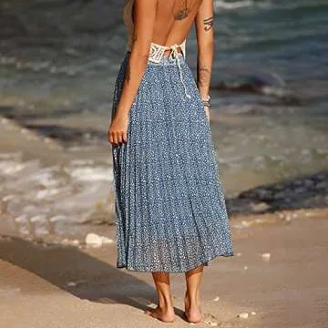 EXLURA Women's Floral Printed Chiffon Elastic High Waist Pleated Long Maxi Skirt