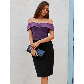 GRACE KARIN Women's Sheath Dresses for Party Colorblock V Neck Ruched Off Shoulder Pencil Dress Black Purple XXL