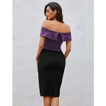 GRACE KARIN Women's Sheath Dresses for Party Colorblock V Neck Ruched Off Shoulder Pencil Dress Black Purple XXL