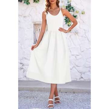 Fisoew Womens Spaghetti Strap Dress V Neck Backless Summer Casual A Line Cami Dress with Pocket White