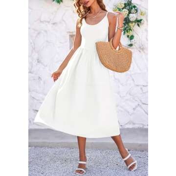 Fisoew Womens Spaghetti Strap Dress V Neck Backless Summer Casual A Line Cami Dress with Pocket White