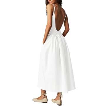 Fisoew Womens Spaghetti Strap Dress V Neck Backless Summer Casual A Line Cami Dress with Pocket White