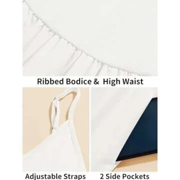 Fisoew Womens Spaghetti Strap Dress V Neck Backless Summer Casual A Line Cami Dress with Pocket White