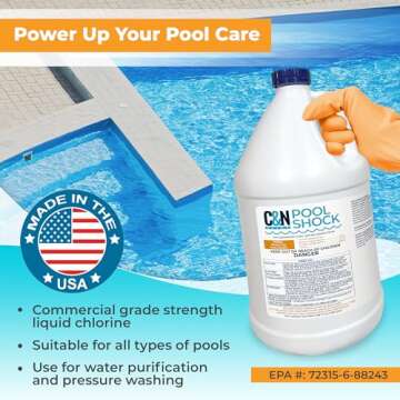 Liquid Pool Shock - Sodium Hypochlorite 12.5 Percent - Liquid Chlorine for Swimming Pool - Chlorine Shock for Swimming Pools - Pool Algae Remover - Pool Supplies Chemicals - Pool Bleach Liquid 4 Gal