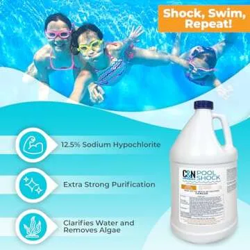 Liquid Pool Shock - Sodium Hypochlorite 12.5 Percent - Liquid Chlorine for Swimming Pool - Chlorine Shock for Swimming Pools - Pool Algae Remover - Pool Supplies Chemicals - Pool Bleach Liquid 4 Gal