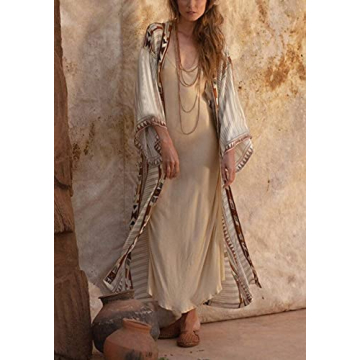 RanRui Beach cover up over sized kimonos Women's geometry Print Rayon kimonos for summer loose Open Front Soft long Kimono robes light weight kimono cardigans (B-Beige)