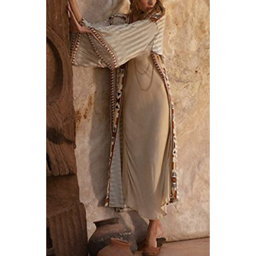 RanRui Beach cover up over sized kimonos Women's geometry Print Rayon kimonos for summer loose Open Front Soft long Kimono robes light weight kimono cardigans (B-Beige)