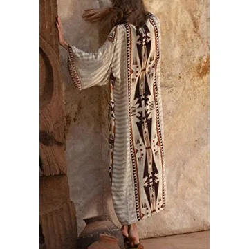 RanRui Beach cover up over sized kimonos Women's geometry Print Rayon kimonos for summer loose Open Front Soft long Kimono robes light weight kimono cardigans (B-Beige)
