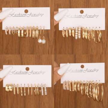 42 Pairs Gold Hoop Earrings Set for Women, Fashion Chunky Pearl Earrings Multipack Twisted Statement Earring Pack, Hypoallergenic Small Big Hoops Earrings for Birthday Party (Gold-45 pairs)
