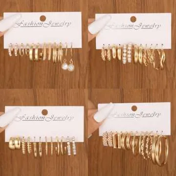 42 Pairs Gold Hoop Earrings Set for Women, Fashion Chunky Pearl Earrings Multipack Twisted Statement Earring Pack, Hypoallergenic Small Big Hoops Earrings for Birthday Party (Gold-45 pairs)