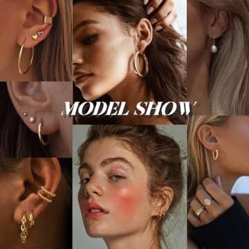 42 Pairs Gold Hoop Earrings Set for Women, Fashion Chunky Pearl Earrings Multipack Twisted Statement Earring Pack, Hypoallergenic Small Big Hoops Earrings for Birthday Party (Gold-45 pairs)