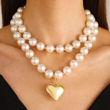 Pearl Necklace for Women,Dainty Heart Pearl Beads Pendant Necklaces Chunky Gold Bead Choker Necklace...