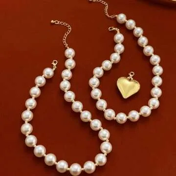 Pearl Necklace for Women,Dainty Heart Pearl Beads Pendant Necklaces Chunky Gold Bead Choker Necklaces Fashion Pearl butterfly Necklace Bridal Engagement Jewelry (A)