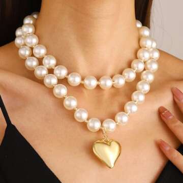 Pearl Necklace for Women,Dainty Heart Pearl Beads Pendant Necklaces Chunky Gold Bead Choker Necklaces Fashion Pearl butterfly Necklace Bridal Engagement Jewelry (A)