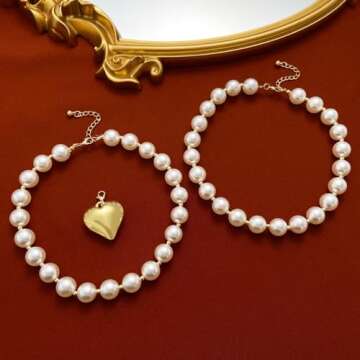 Pearl Necklace for Women,Dainty Heart Pearl Beads Pendant Necklaces Chunky Gold Bead Choker Necklaces Fashion Pearl butterfly Necklace Bridal Engagement Jewelry (A)