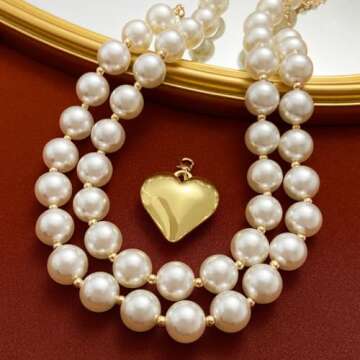 Pearl Necklace for Women,Dainty Heart Pearl Beads Pendant Necklaces Chunky Gold Bead Choker Necklaces Fashion Pearl butterfly Necklace Bridal Engagement Jewelry (A)