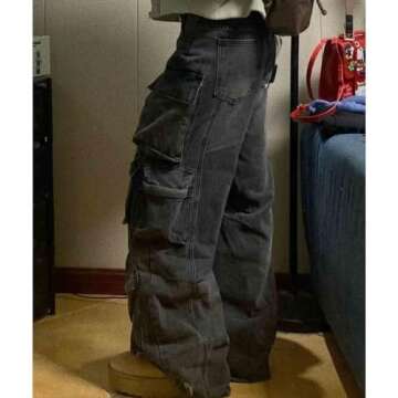 BXCNCKD Women's Baggy Cargo Pants Y2K Clothing Multi-Pocket Relaxed Fit Jeans Grunge Clothes Alt Hip hop (Black,S)