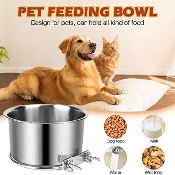 Dog Food and Water Bowl Set, ShineMe 2 Pack Stainless Steel Pet Bowls for Dogs and Cats Hanging in Cage Crate Kennel, Non-Slip Metal Feeder for Medium and Large Pets (7.1 * 3.5” & 5.5 * 3.2”)