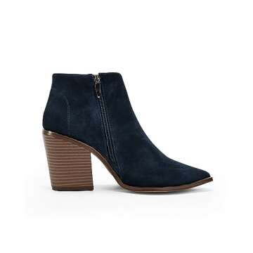 Womens Mid Heel Booties Fashion Cut Out Pointed Square Toe Faux Suede Zip Stacked Ankle Boots