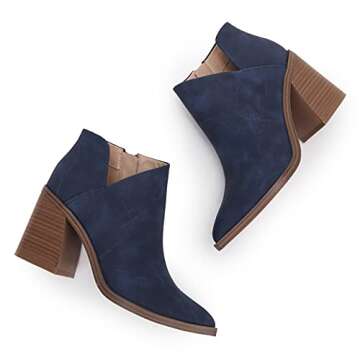 Womens Mid Heel Booties Fashion Cut Out Pointed Square Toe Faux Suede Zip Stacked Ankle Boots
