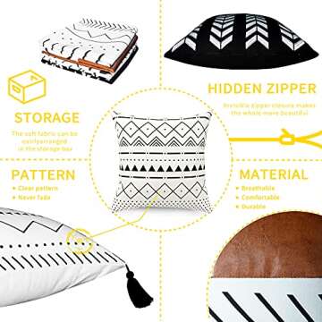 QIANHED Boho Throw Pillow Covers 18 x 18 Set of 4, Modern Geometric Farmhouse Pillowcases Black and ...