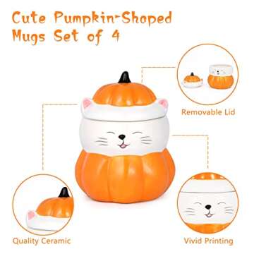 Maustic Pumpkin Mugs, Fall Autumn Mug, Pumpkin Shaped Mugs with Lovely Cat Faces, Cute Thanksgiving Halloween Decor, Novelty Cat Gifts for Kids Family Friends, Ceramic Coffee Mugs Set of 4, 5 Oz