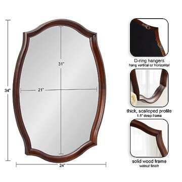 Kate and Laurel Hatherleigh Traditional Scalloped Oval Wall Mirror, 24 x 34, Walnut Brown, Vintage Decorative Wooden Rectangular Mirror for Use in Bathroom, Entryway, or Bedroom