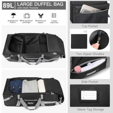 89L Large Duffel Bag With Wheels, Soft Foldable Roller Duffle Bag For Travel, Campaing& Sports, Two Dividers, with Backpack Straps, 30.7in*12.6in*13in