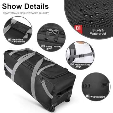 89L Large Duffel Bag With Wheels, Soft Foldable Roller Duffle Bag For Travel, Campaing& Sports, Two Dividers, with Backpack Straps, 30.7in*12.6in*13in