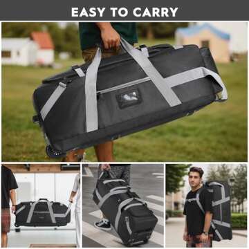 89L Large Duffel Bag With Wheels, Soft Foldable Roller Duffle Bag For Travel, Campaing& Sports, Two Dividers, with Backpack Straps, 30.7in*12.6in*13in