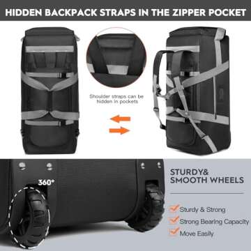89L Large Duffel Bag With Wheels, Soft Foldable Roller Duffle Bag For Travel, Campaing& Sports, Two Dividers, with Backpack Straps, 30.7in*12.6in*13in