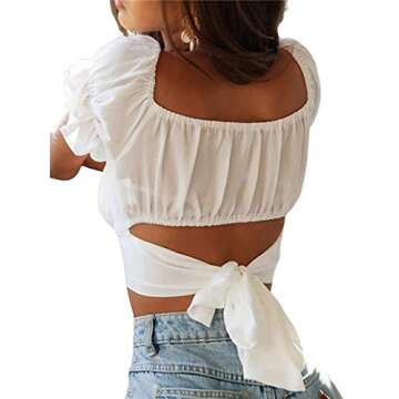 Avanova Women's Short Sleeve Ruffle Off Shoulder Tie Up Back Crop Blouse Top White Medium