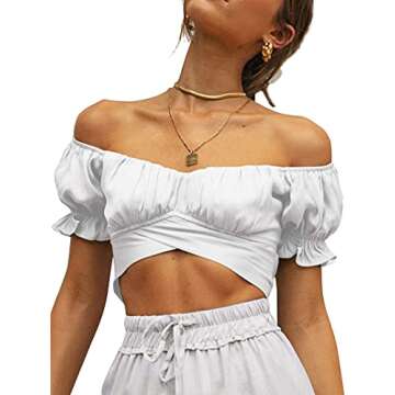 Avanova Women's Short Sleeve Ruffle Off Shoulder Tie Up Back Crop Blouse Top White Medium