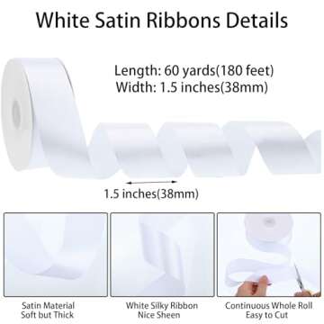 White Ribbon, 60 Yards 1-1/2 inch White Satin Ribbon Valentines Ribbon for Gift Wrapping Flower Bouq...