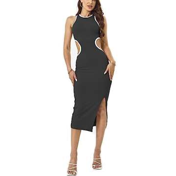 NauLon Womens Sexy Cut Out Waist Open Back Slit Bodycon Dress Ankle Length Ribbed Party Club Midi Dress (S, Left Slit - Black)