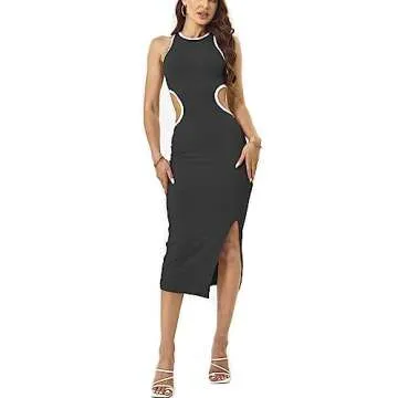 NauLon Womens Sexy Cut Out Waist Open Back Slit Bodycon Dress Ankle Length Ribbed Party Club Midi Dress (S, Left Slit - Black)