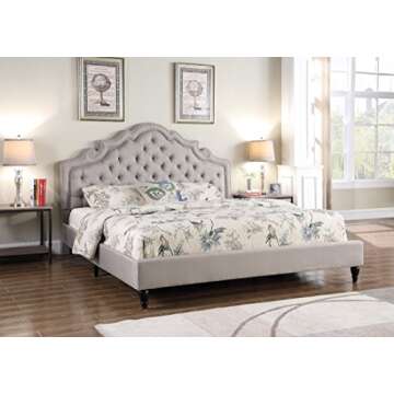 HomeLife Premiere Classics 51" Tall Platform Bed with Cloth Headboard and Slats - King (Light Grey Linen)