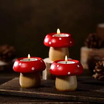Dandat 12 Pcs Mushroom Candle Holder and 12 Tealight Candles Mushroom Candle Holder Cute Mushroom Birthday Decoration Candlesticks for Table Centerpiece Decor Wedding Mother's Day