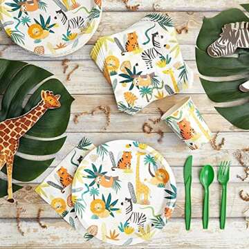 BLUE PANDA 144 Piece Jungle Safari Theme Birthday Party Decorations - Zoo Animal Dinnerware Jungle Safari Plates, Napkins, Cups, and Cutlery - Tropical Theme Birthday Party Decorations (Serves 24)