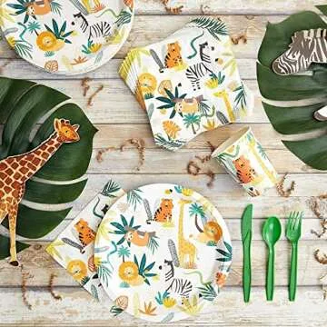 BLUE PANDA 144 Piece Jungle Safari Theme Birthday Party Decorations - Zoo Animal Dinnerware Jungle Safari Plates, Napkins, Cups, and Cutlery - Tropical Theme Birthday Party Decorations (Serves 24)