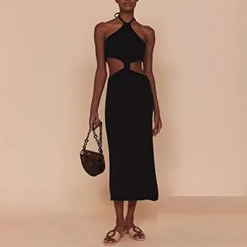 Ekaliy Sexy Knitted Maxi Dress - Halter Neck Cut Out Style